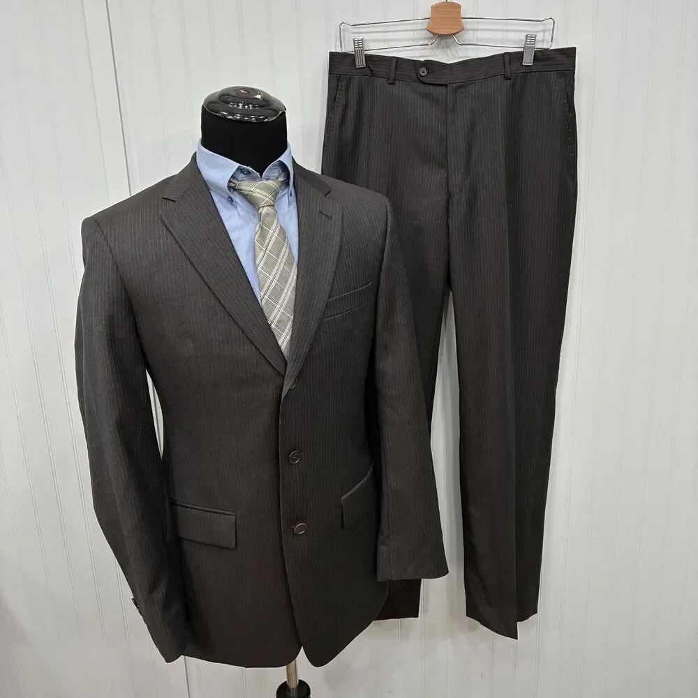 John Varvatos 40L - W32 x L34 Dark Brown Pinstriped Wool 3-Button 2-Piece Suit